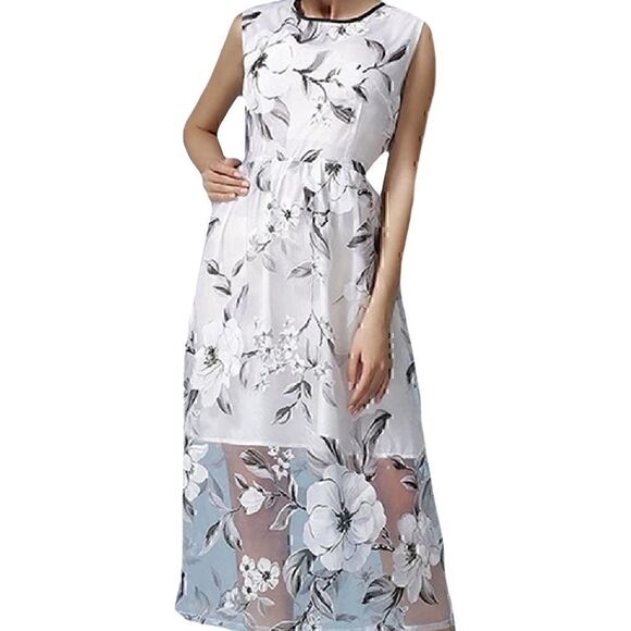 Floral 1/2 Sheer Sleeveless Maxi Long Dress NEW - Picture 1 of 9